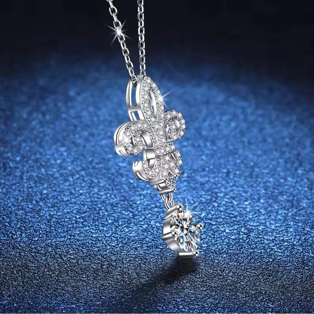 Sterling Silver Plated Fleur De Lis Pendant With Diamond Accents Necklace